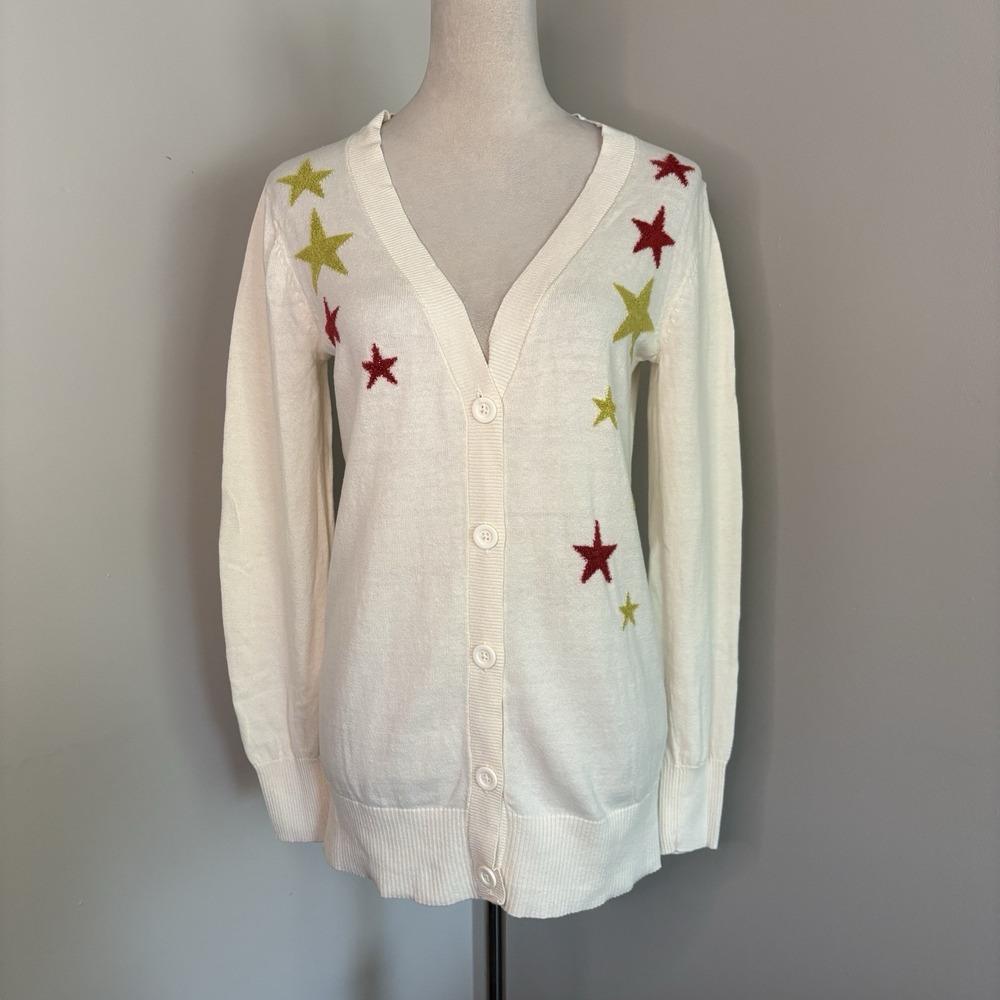 Princess Vera Wang Star Cardigan Sweater Medium Ivory V-Neck Boyfriend Medium